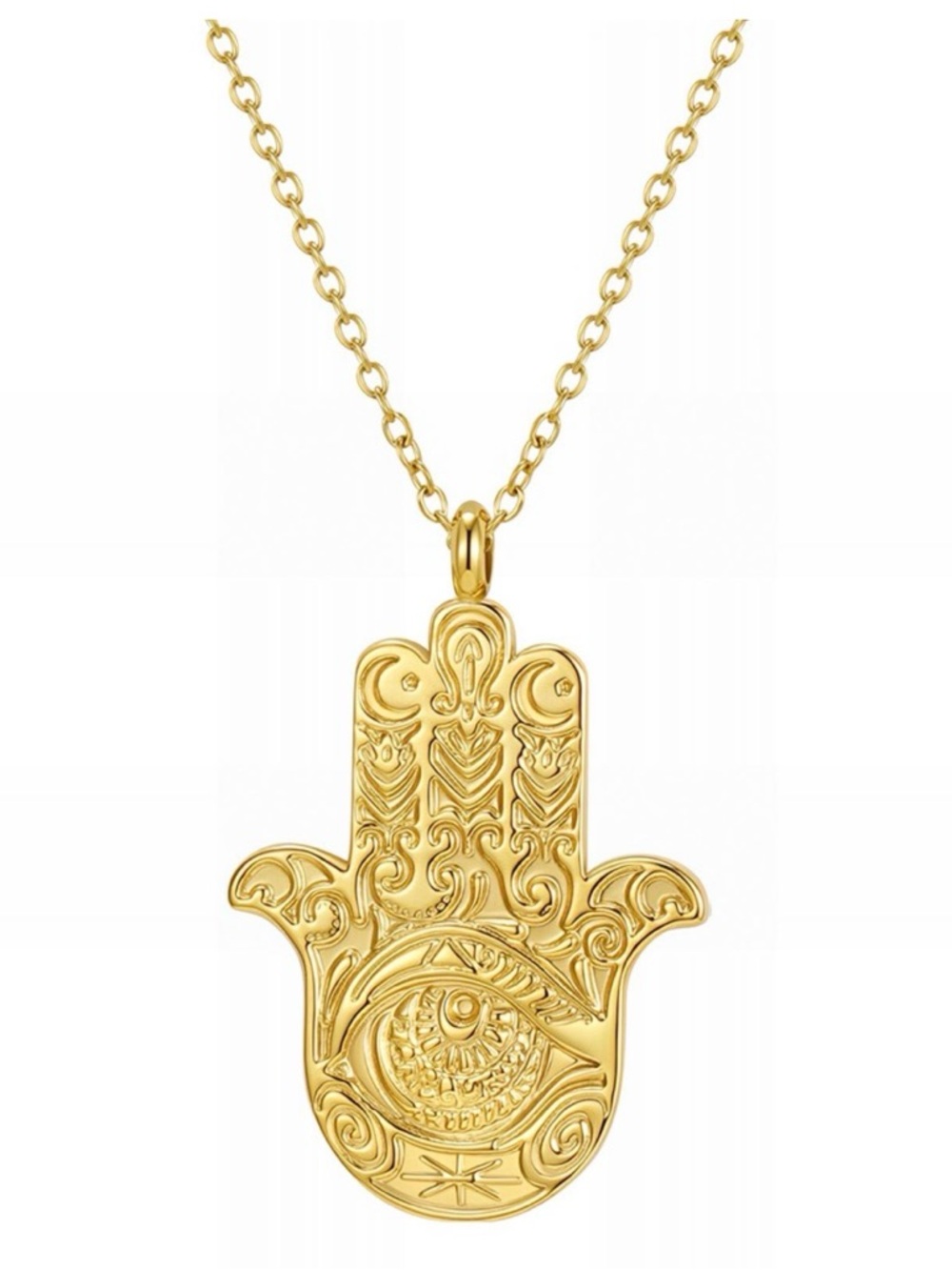 Hamsa Hand Evil Eye 18K Gold Plated Pendant Stainless Steel Necklace